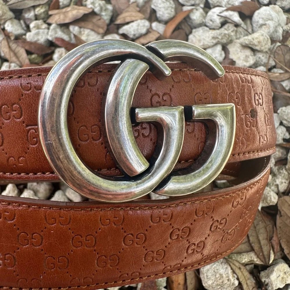 GG Gucci Emblematic Marmont Brown Leather Belt Silver Buckle L - Picture 2 of 15